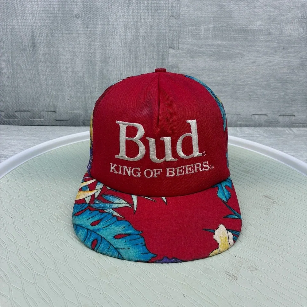 Vintage Budweiser Hat Cap Snapback Red Floral Bud King of Beers Alcohol Drinking